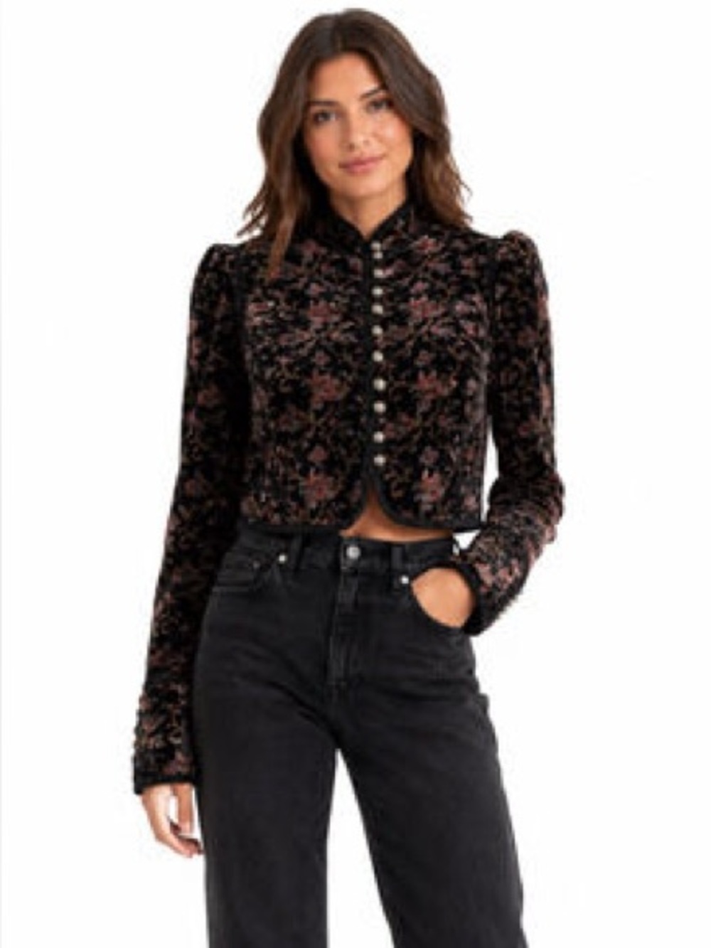 Free People Velvet Floral Button-Front Cropped Jacket - size 8 - Picture 1 of 6